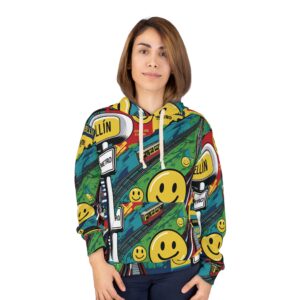 Medallo Sticker Mashup Unisex Pullover Hoodie, Colorful Streetwear, Casual Outfit, Gift for Travelers, Unisex Hoodie, Fun Fashion