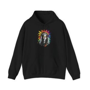 Comuna 13 indigenous hoodie with colorful portrait artwork inspired by Medellín