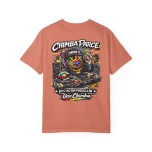 Chimba Parce DJ t-shirt with colorful turntable and street art design inspired by Medellín