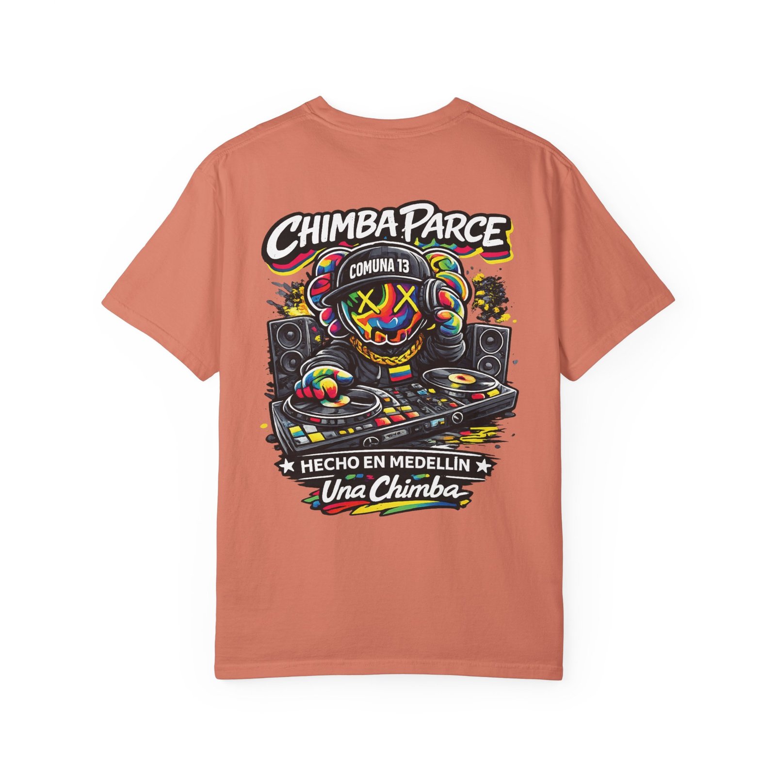 14623807566374949470_2048.jpeg Chimba Parce DJ t-shirt with colorful turntable and street art design inspired by Medellín