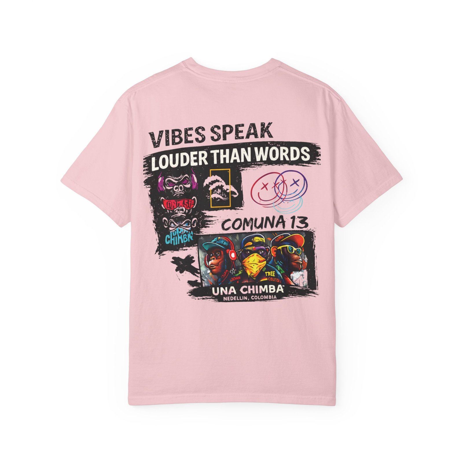 14729045457425338917_2048.jpeg Vibes speak louder than words t-shirt with Comuna 13 street art graphics in pink