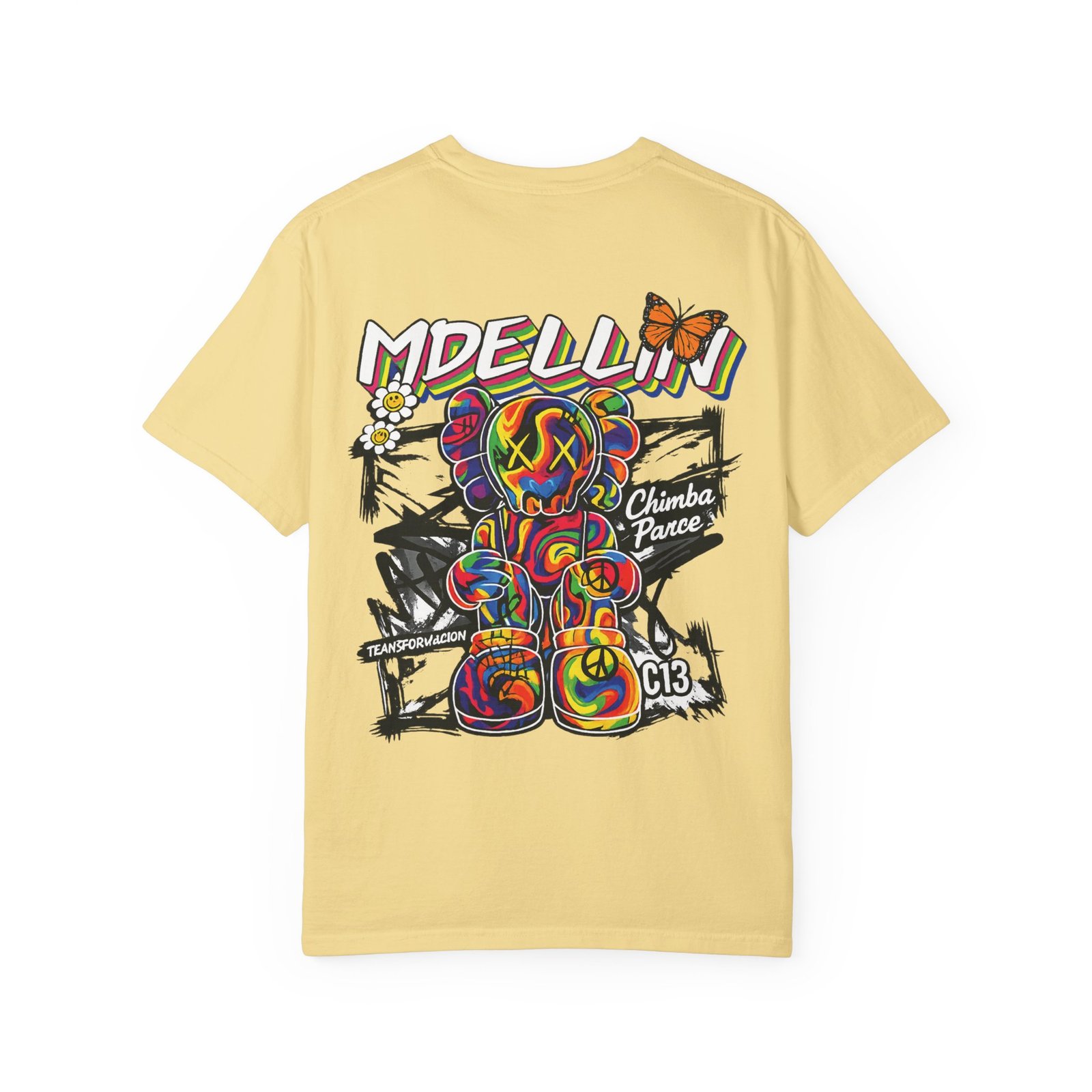 1585261230165116426_2048.jpeg Chimba Parce Medellín bear t-shirt with colorful graffiti artwork inspired by Medellín street culture