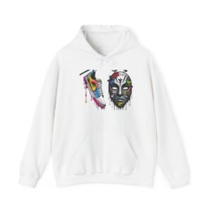 Urban street art hoodie with sneaker and graffiti mask illustration