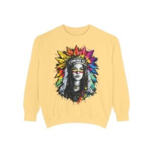 Comuna 13 indigenous sweatshirt with colorful portrait artwork inspired by Medellín