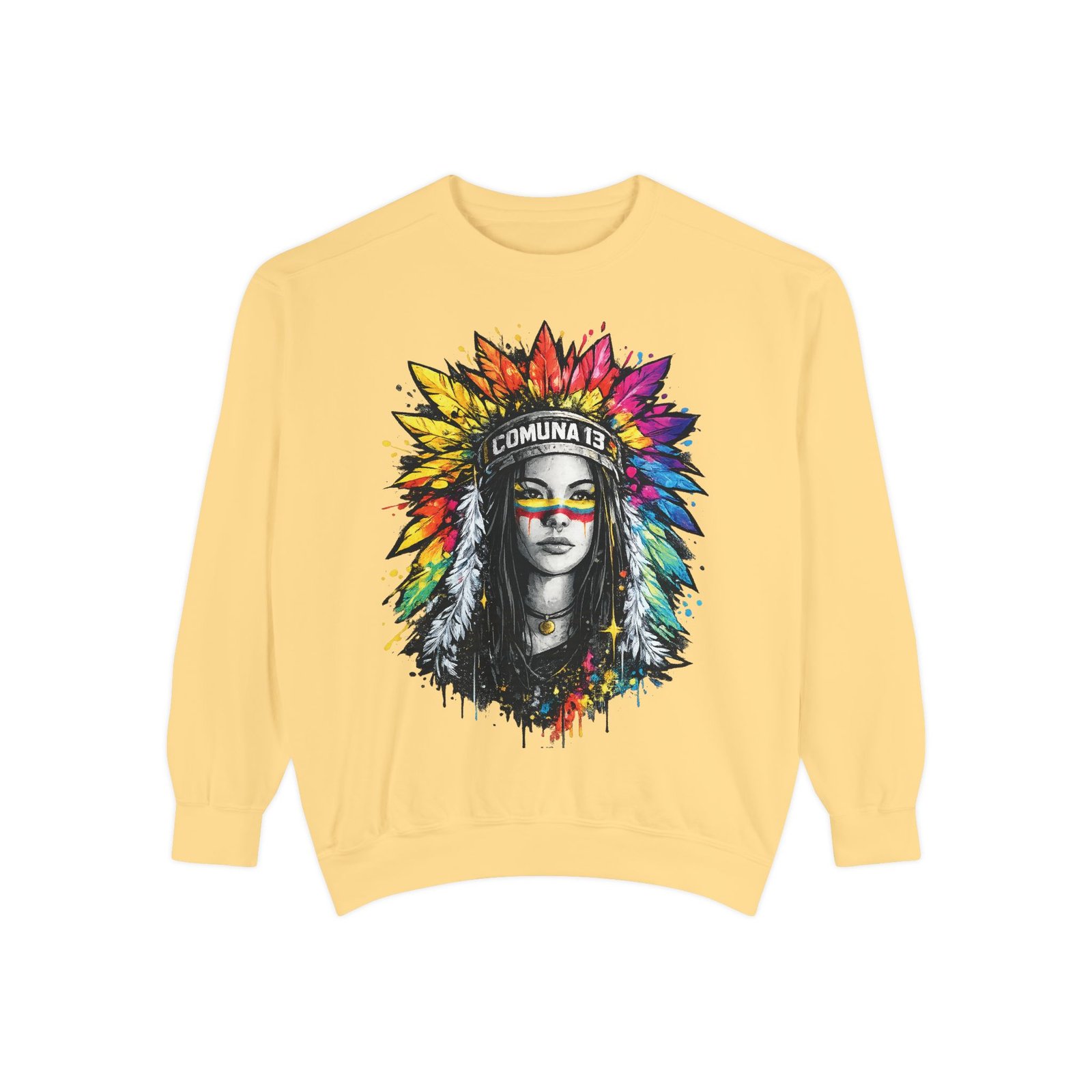 17188364784189551629_2048.jpeg Comuna 13 indigenous sweatshirt with colorful portrait artwork inspired by Medellín