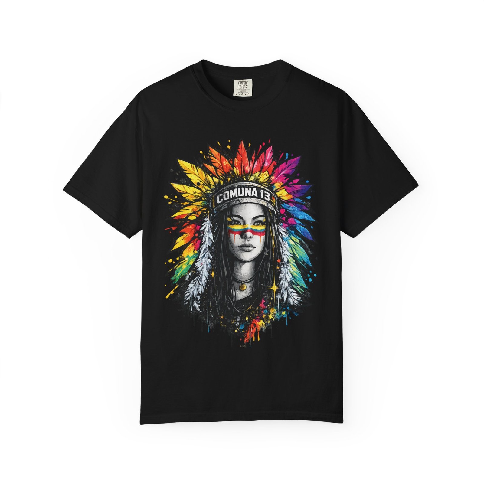 18323023522592321482_2048.jpeg Comuna 13 indigenous t-shirt with colorful portrait artwork inspired by Medellín