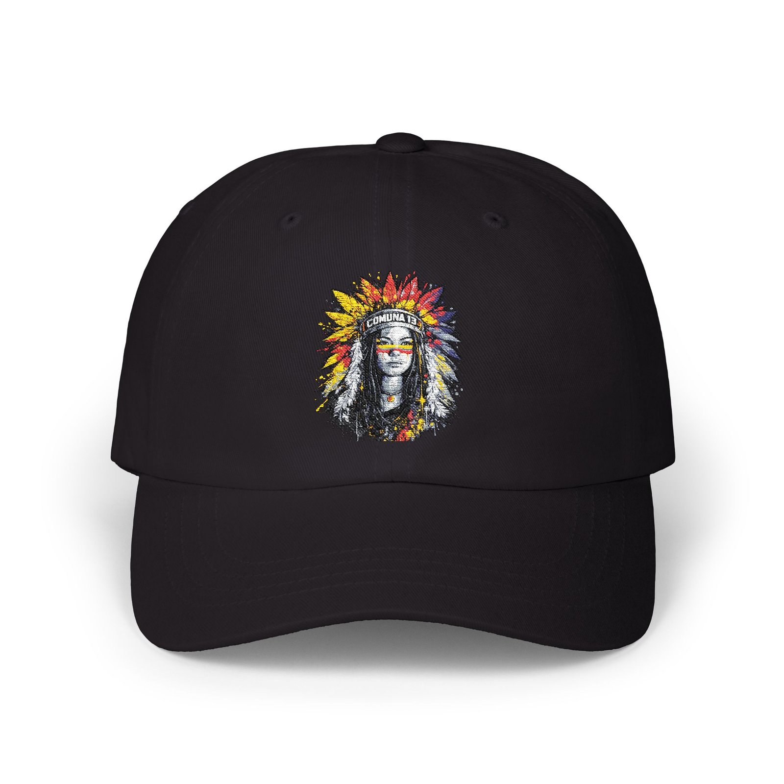 2748626889386578987_2048.jpeg Comuna 13 indigenous cap with embroidered cultural street art design inspired by Medellín