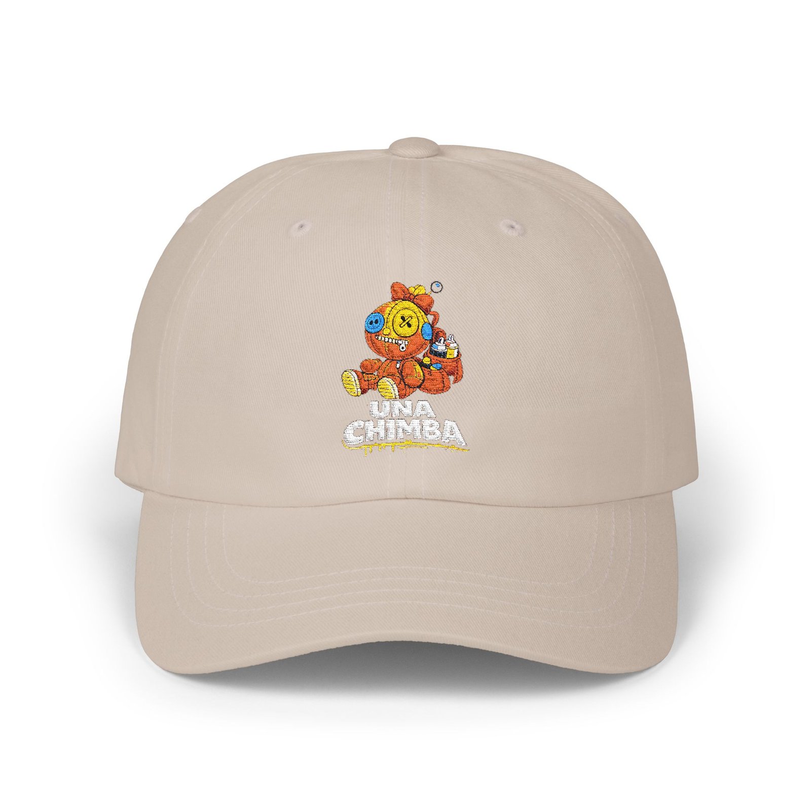 5526889118048884163_2048.jpeg Una Chimba bear cap with embroidered character logo on beige streetwear hat