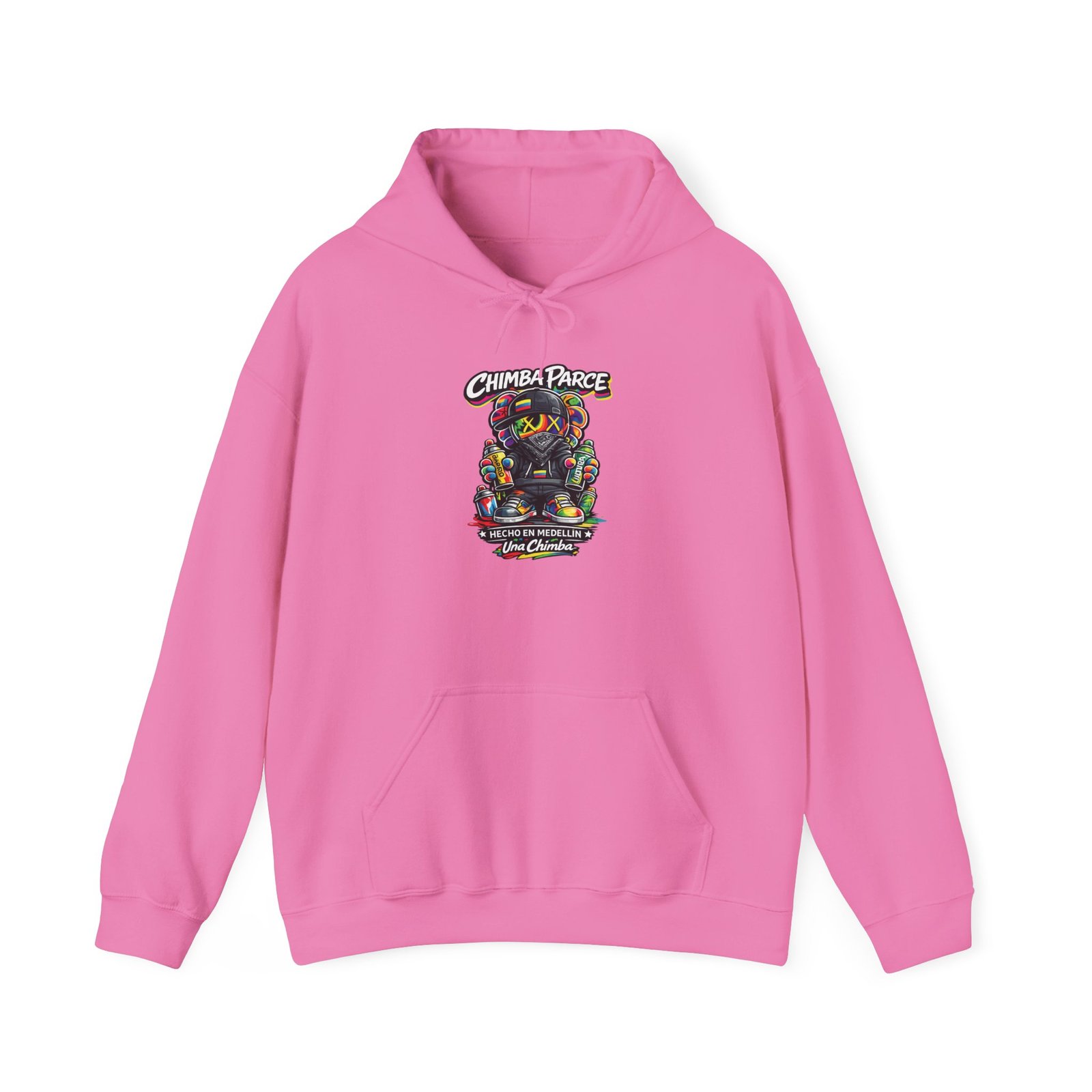 9178508167613655211_2048.jpeg Chimba Parce graffiti hoodie in pink with colorful street art character inspired by Medellín