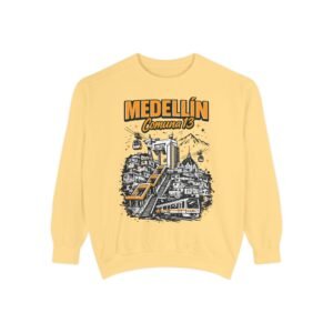Medellín Comuna 13 sweatshirt with illustrated cityscape and cable car design