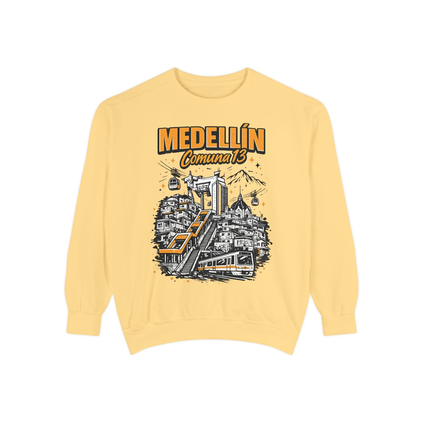 9257202758971202405_2048.jpeg Medellín Comuna 13 sweatshirt with illustrated cityscape and cable car design
