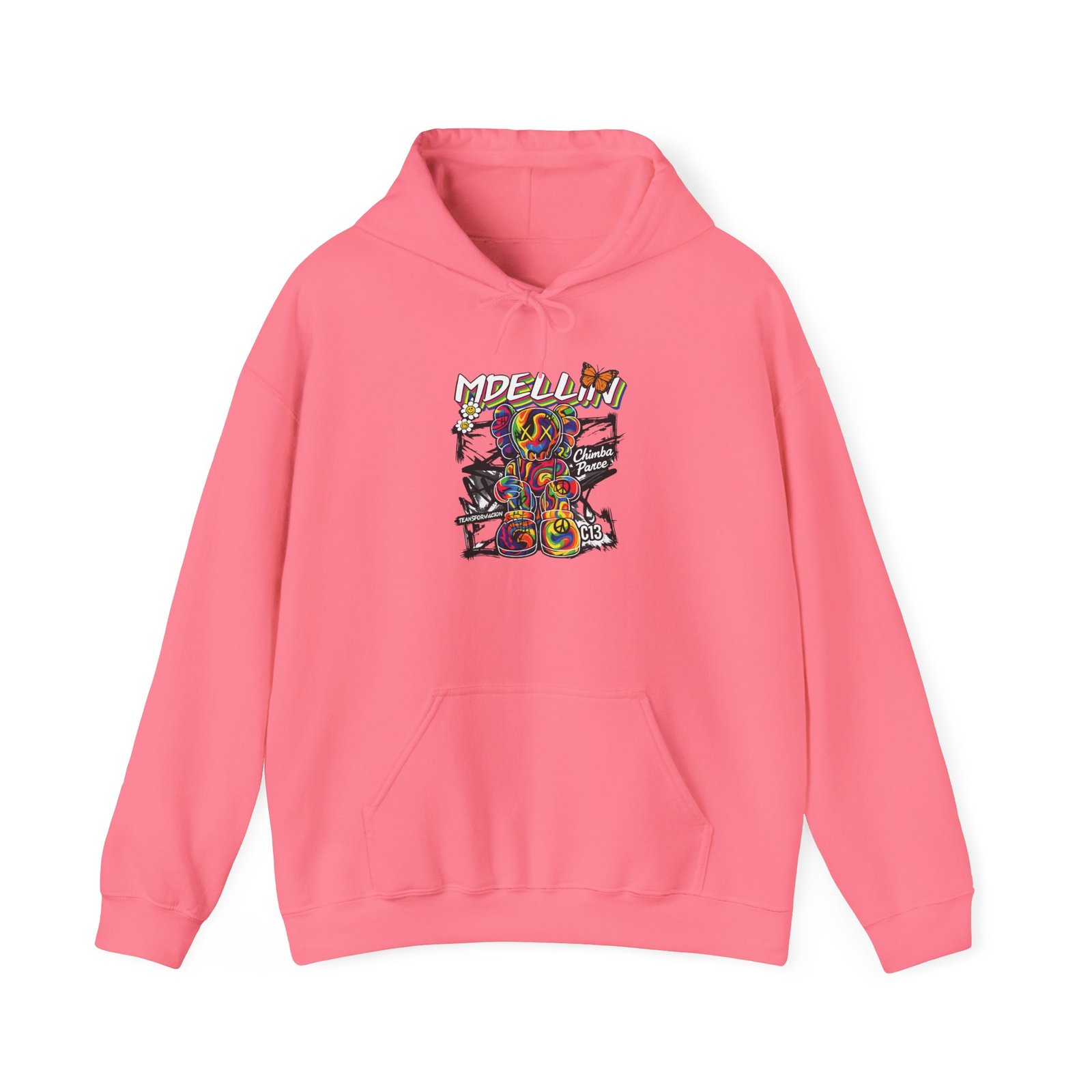 9550906123881849283_2048.jpeg Chimba Parce graffiti hoodie in pink with colorful street art character inspired by Medellín